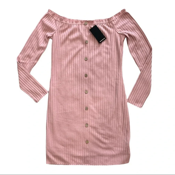 Material Girl Pink Ribbed Off Shoulder Bodycon Dress M - Picture 2 of 4